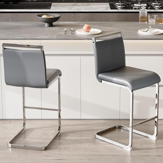 Bar Stools Set of 2,25" Counter Height Bar Stools with Footrest,Grey Faux Leather Kitchen Stools with Chrome Plated Metal Leg,Counter Height Stools Ideal for Island Pub Kitchen Counter Dining Chair