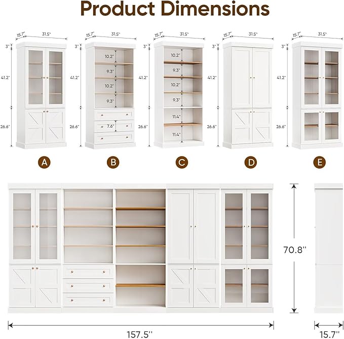 Vyre 70.8" Tall Farmhouse Bookshelf with Glass Doors, Modular Bookcase with 6-Tier Adjustable Shelves, Large Storage Cabinet for Kitchen, Living Room, White, Set of 4