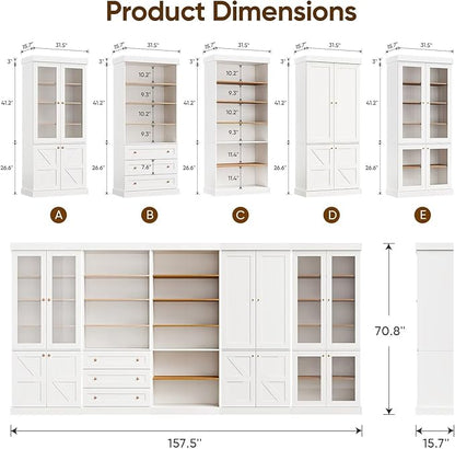 Vyre 70.8" Tall Farmhouse Bookshelf with Glass Doors, Modular Bookcase with 6-Tier Adjustable Shelves, Large Storage Cabinet for Kitchen, Living Room, White, Set of 4