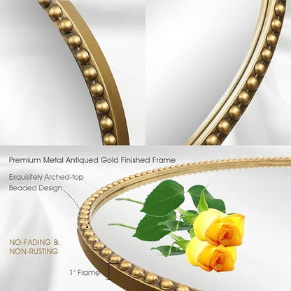 Round Bathroom Wall Mirror, 28"x28" Antique Gold Metal Beaded Frame Vanity Mirror, Wall Mounted Large Circle Makeup Mirror for Bedroom, Living Room, Entryway