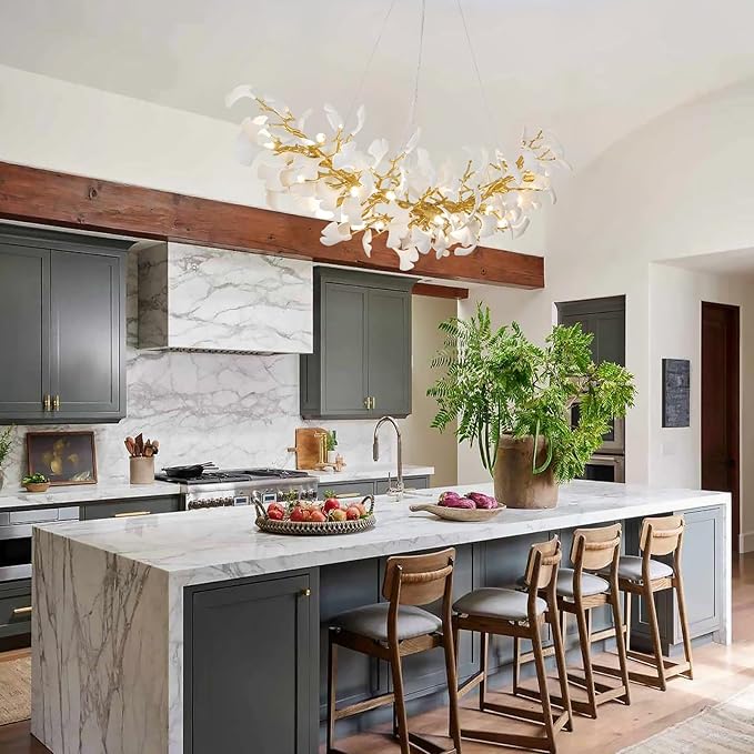 Modern Gold and Wtite Large Rectangle Tree Branch Dining Room Chandeliers, 72" Rectangle Ceramic Ginkgo Leaf Chandelier, Linear Chandeliers for Dining Room,Kitchen,Hanging Chandelier