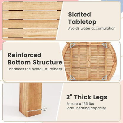 Tangkula Outdoor Round Dining Table for 4-6 People, 53 inch Patio Table with Acacia Wood Tabletop, 2 inch Umbrella Hole, Farmhouse Dining Furniture for Yard, Deck, Garden, Poolside