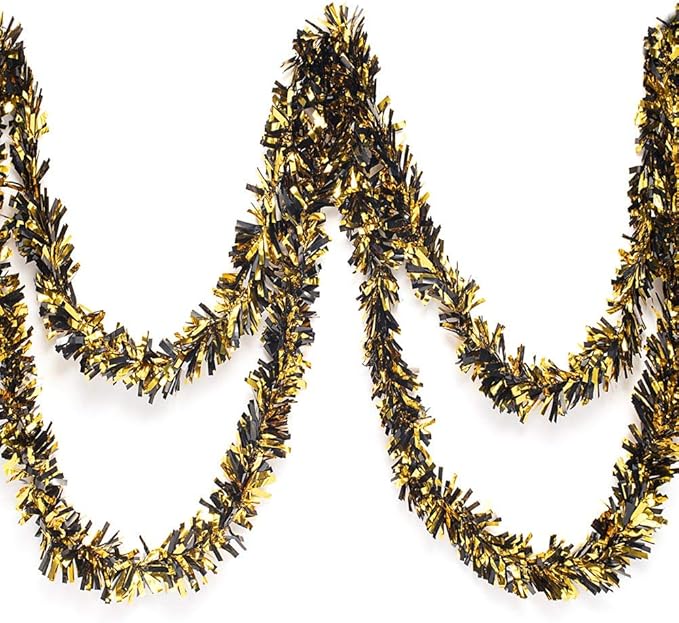 Anderson's Metallic Black & Gold Tinsel Twist Garland, 25ft Holiday Decoration, Christmas Tree Trim, Parade Float Decor, Party Supplies, Halloween, Graduation, Indoor Outdoor Event Garland