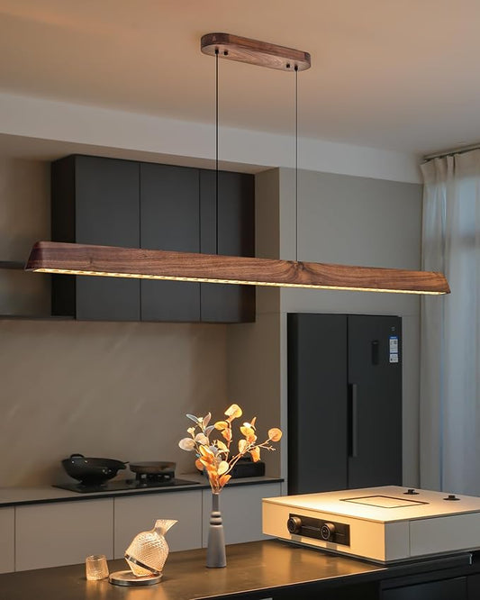 47" Wood Linear Pendant Light, Dimmable Kitchen Island Lighting with Remote, 30W LED Island Lights for Kitchen, Adjustable Linear Chandelier for Dinning Room Light Fixture, Bar, Pool Table - Walnut