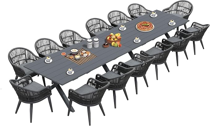 PURPLE LEAF 16 Pieces Patio Dining Set with Outdoor Aluminium Dining Table and Woven Chairs Modern Metal Furniture Cushions Sets for Garden Yard Indoor Decor Kitchen Gray