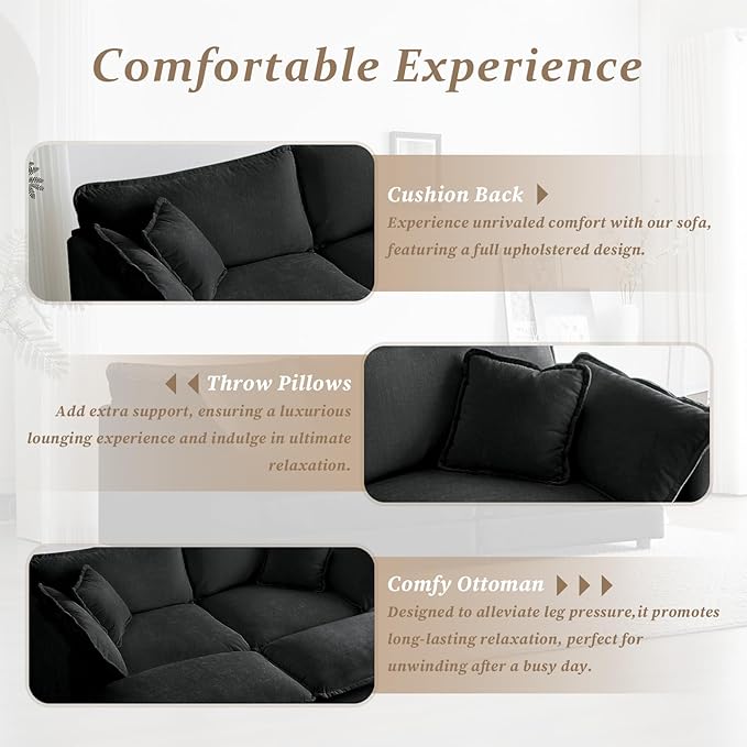 SoarFlash Chenille Sectional Sofa, Comfy Modular Coush Sofa with Ottoman, Modern 2 Seat Recliner Deep Seat Sofa Set for Living Room,Grey