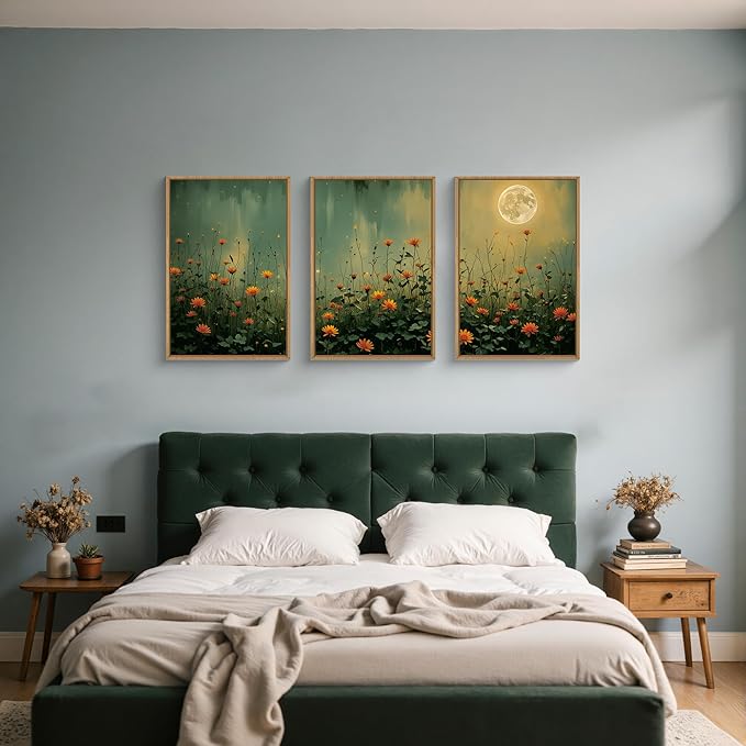 HOURIA Mystical Midnight Wildflower Framed Canvas Wall Art Set,Moonlit Orange Floral Wall Decor,Nature Inspired Landscape Artwork,Watercolor Art Prints for Living Room,Bedroom,Farmhouse-24 x36 x3