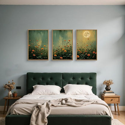 HOURIA Mystical Midnight Wildflower Framed Canvas Wall Art Set,Moonlit Orange Floral Wall Decor,Nature Inspired Landscape Artwork,Watercolor Art Prints for Living Room,Bedroom,Farmhouse-24 x36 x3