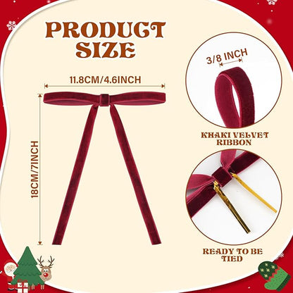 24 Pcs Red Velvet Christmas Ornaments, Rustic Velvet Bows for Christmas Tree, 5x7 Inch Pre-Tied Vintage Xmas Bows for Wreaths, Gifts and Holiday Home Décor, Ribbon Bows for Garland (3/8")
