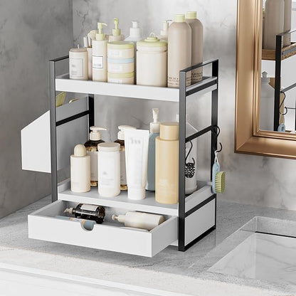 2-Tier Bathroom Counter Organizer with Drawer and Basket, Wood Countertop Organizer for Storage, Skincare Organizers for Vanity, Counter Shelf for Bathroom Organization,White