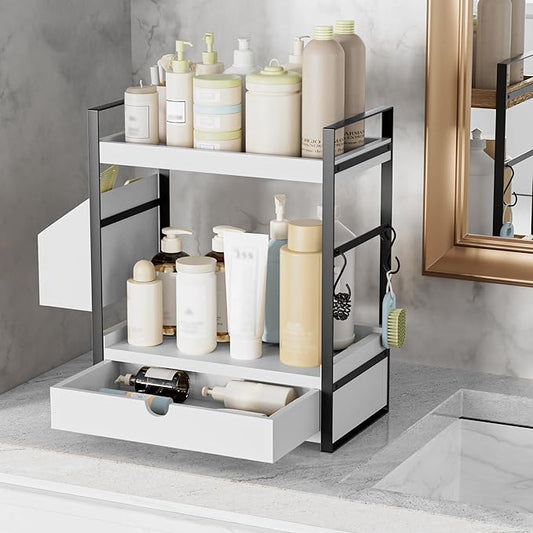 2-Tier Bathroom Counter Organizer with Drawer and Basket, Wood Countertop Organizer for Storage, Skincare Organizers for Vanity, Counter Shelf for Bathroom Organization,White