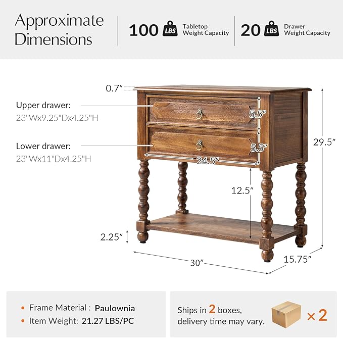 HULALA HOME Farmhouse Storage End Table Set of 2 with 2 Drawers and Open Shelf, Solid Wood Side Table with Spindle Legs, Nightstand with Charging Station (Walnut)