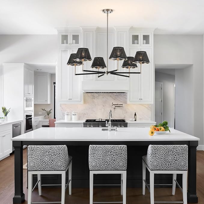 39" Boho Rattan Chandelier Large Adjustable Modern Black and Brushed Nickel Pendant Light for Kitchen Island Dining Living Room, UL Listed