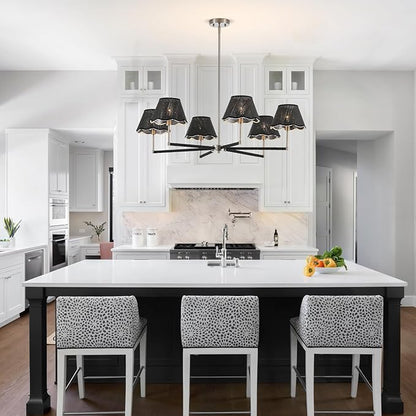 39" Boho Rattan Chandelier Large Adjustable Modern Black and Brushed Nickel Pendant Light for Kitchen Island Dining Living Room, UL Listed