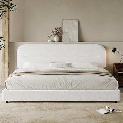 HOMBCK King Size Boucle Bed Frame, White Upholstered Platform King with Soft Headboard, Thickened Footboard, Rounded Corners, No Box Spring Required, Easy Assembly, White