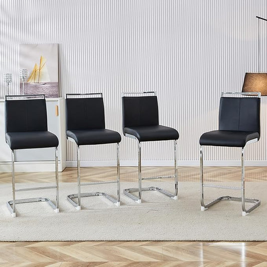 Bar Stools Set of 4,25" Counter Height Bar Stools with Footrest,Black Faux Leather Kitchen Stools with Chrome Plated Metal Leg,Counter Height Stools Ideal for Island Pub Kitchen Counter Dining Chair