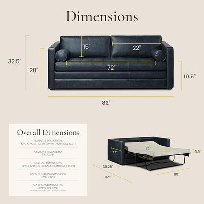 POLY & BARK Napa 82" Leather Pull-Out Convertible Sleeper Sofa in Midnight Blue