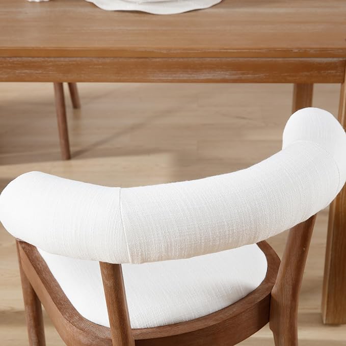 Wood Dining Chairs Set of 6, Mid Century Modern Living Room Chairs with Unique Curved Open Back Comfy Upholstered Side Chair for Kitchen/Restaurant/Reception, Linen White