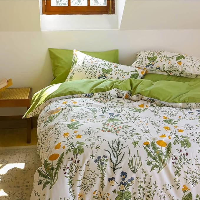 CLOTHKNOW Floral Comforter Set Queen Green White Bedding Comforter Sets All Season Farmhouse Comforter Botanical Comforter with 2 x Pillow Cases