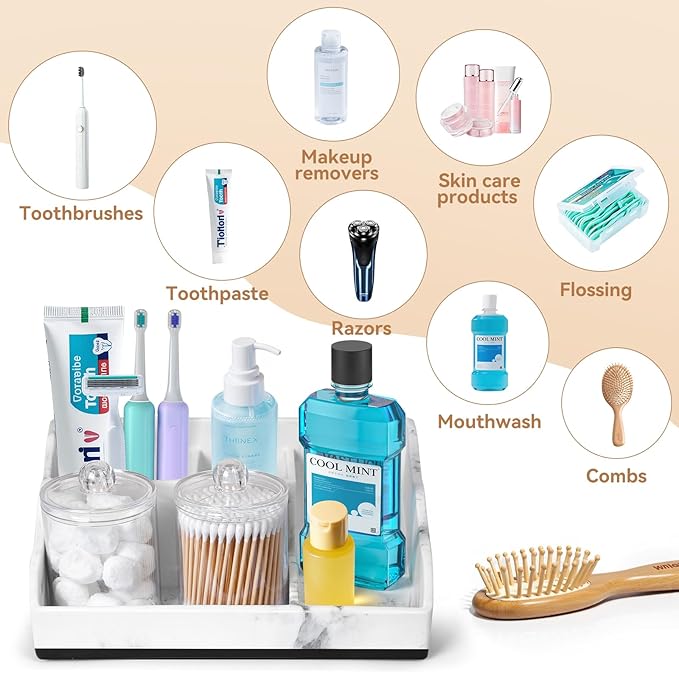 Marble Bathroom Countertop Organizer, Toothbrush Holders for Bathroom with 2PCS Qtip Holder Dispenser and Toothpaste Holder Drainage for Bathroom Accessories Organization Counter Vanity Storage