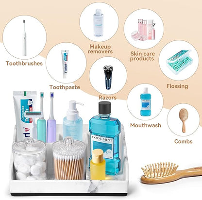 Marble Bathroom Countertop Organizer, Toothbrush Holders for Bathroom with 2PCS Qtip Holder Dispenser and Toothpaste Holder Drainage for Bathroom Accessories Organization Counter Vanity Storage