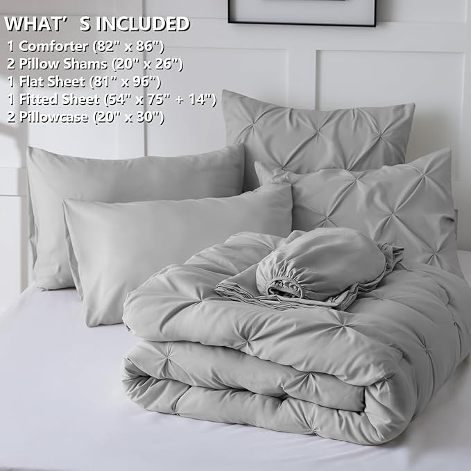 CozyLux Full Size Comforter Sets Light Grey, 7 Pieces Pintuck Bed in A Bag Gray Comforter Full Size, Pinch Pleat Bedding Sets with All Season Comforter, Sheets, Pillowcases & Shams