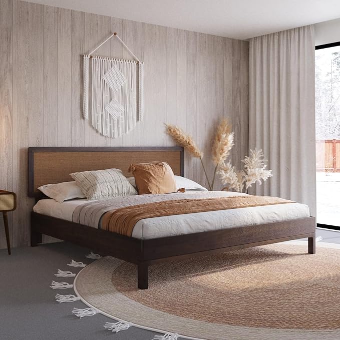 Bme Nipe King 14 Inch Bohemian Bed Frame with Adjustable Wicker Headboard - Rustic & Vintage Unique Style with Acacia Wood - No Box Spring Needed - Easy Assembly - Walnut