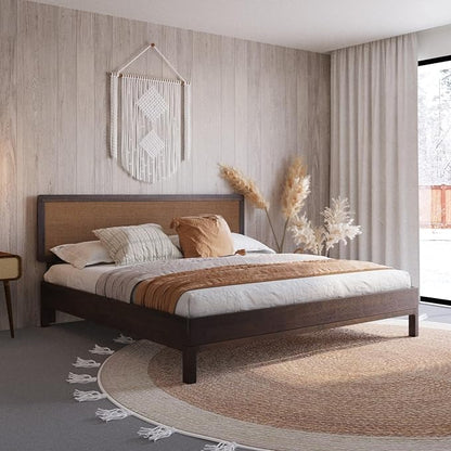 Bme Nipe King 14 Inch Bohemian Bed Frame with Adjustable Wicker Headboard - Rustic & Vintage Unique Style with Acacia Wood - No Box Spring Needed - Easy Assembly - Walnut