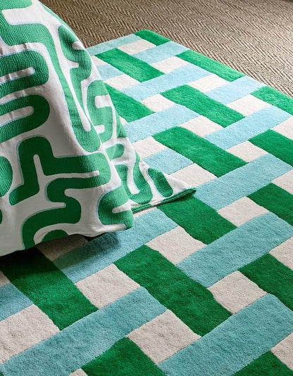 Emerald Green and Aquamarine Hand-Tufted Wool Area Rug 6x6 Ft (Square) – Modern Checkered Basketweave Carpet for Bedroom, Living Room, Nursery – Plush, Artistic, Durable