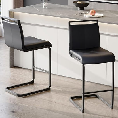 Bar Stools Set of 2,25" Counter Height Bar Stools with Footrest,Black Faux Leather Kitchen Stools with Black Painted Metal Leg,Counter Height Stool Ideal for Island Pub Kitchen Counter Dining Chair