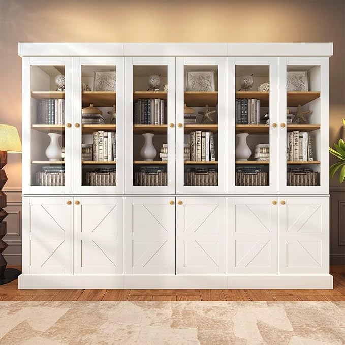 Vyre 71" Tall Farmhouse Bookshelves with Glass Doors, Set of 3 – Large Modular Bookcase with Adjustable Shelves, Storage Cabinet for Living Room, Kitchen, Home Office, White