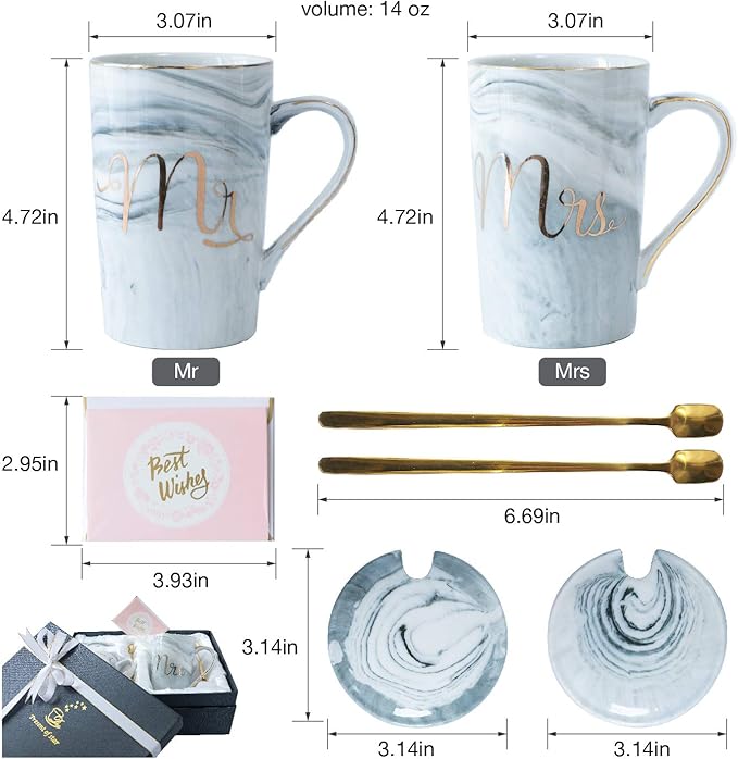 Jumway Mr and Mrs Coffee Mugs - Wedding Gifts - Mr and Mrs Mugs Set - for Bride and Groom - Gifts for Bridal Shower Engagement Wedding and Married Couples Anniversary - 14 Oz Grey