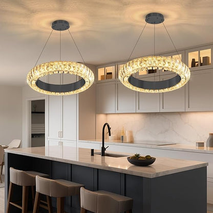 16" Ring Modern LED Dimmable Crystal Chandelier Adjustable Height Pendant Light Round Crystal Chandelier Light Fixtures for Dining Room Living Room Kitchen Island Black