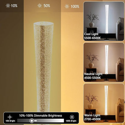 NUÜR Modern LED Floor Lamp with Remote & Foot Switch, 2700K–6500K 3 Color Temps & 10–100% Dimming, Sparkly Glitter Acrylic Tube Column, Slim Black Tall Standing Lamp for Living Room Bedroom Office