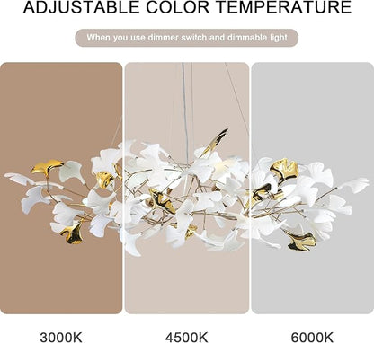 48 Inch Modern Chandelier for Dining Room, Gold Tree Branch Chandeliers with Ceramic Ginkgo Leaves, Leaf Chandeliers, 6-Light Hanging Pendant Light Fixture for Living Room, Kitchen Island
