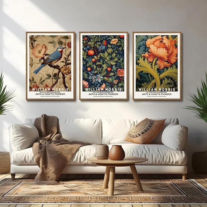 ILLBDR William Morris Framed Wall Art Vintage Bird Canvas Wall Art Set of 3 Colorful Floral Prints Botanical Artwork Classic Aesthetic Pictures Decor for Bedroom Living Room 16x24 Inch