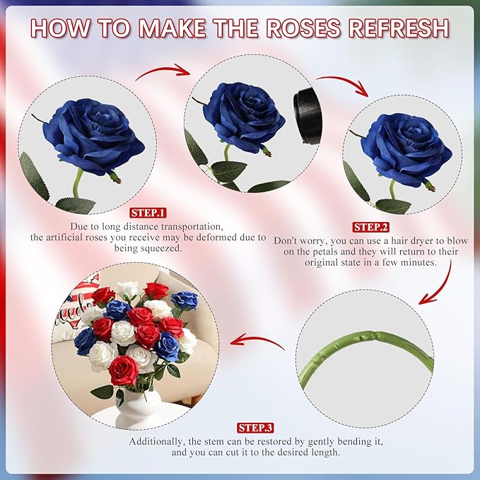 Nubry 50pcs Artificial Silk Roses Bulk,Fake Roses Flower with Stems Realistic Flowers for Wedding Centerpiece Home Party Decor(Red,White,Blue)