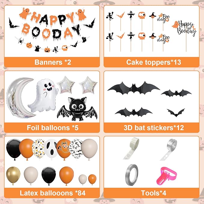 Amandir Orange Black White Sand Halloween Birthday Party Decorations, Happy Boo Day Glitter Banner Halloween Balloon Arch Garland kit Foil Bat Ghost Balloons Cake Toppers for Kids Spooky Baby Shower