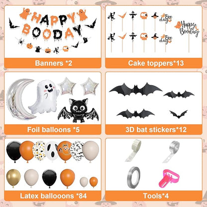 Amandir Orange Black White Sand Halloween Birthday Party Decorations, Happy Boo Day Glitter Banner Halloween Balloon Arch Garland kit Foil Bat Ghost Balloons Cake Toppers for Kids Spooky Baby Shower