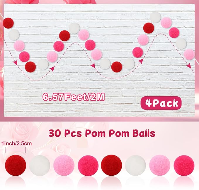 MARFOREVER 4 Pack 26.3 Feet Pink Christmas Decorations Red Pink White Pom Pom Garlands Christmas Felt Ball Hanging Supplies for Xmas Valentine's Day Wedding Birthday Party Home Wall Decor