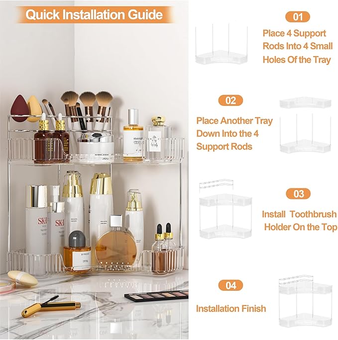SUNZOS Bathroom Counter Organizer, 2-Tier Corner Bathroom Organizer Countertop with Makeup Brush Holder, Vanity Makeup Cosmetic Storage, Corner Storage for Kitchen, Dresser