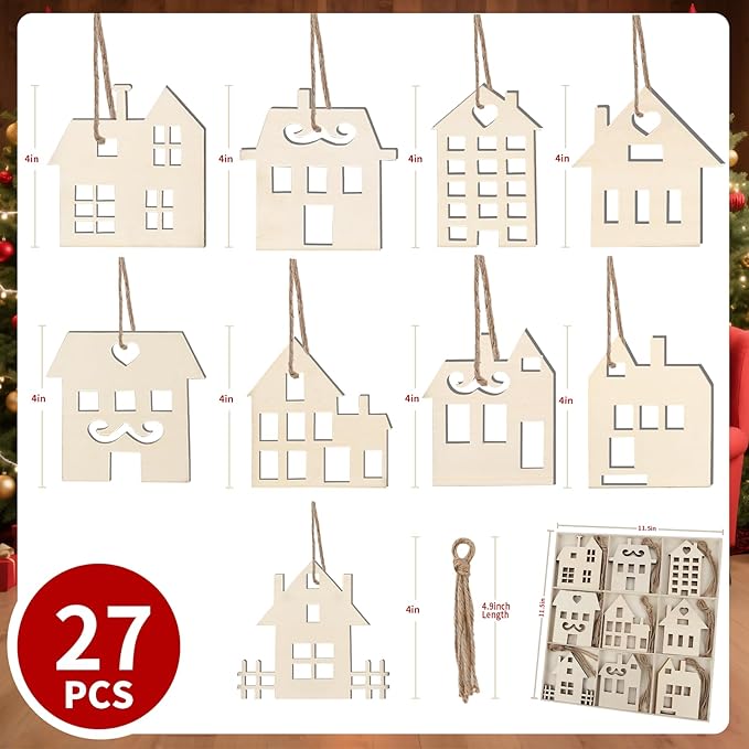 MACTING 27PCS Wooden Christmas Ornaments Unfinished Predrilled Natural Wood Slices DIY Blank Hanging Ornaments Kit for Crafts Centerpieces Christmas Tree Decorations, 9 Styles