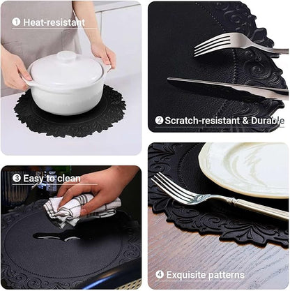 Noctiflorous Round Faux Leather 15 Inch Placemats Set of 4 Waterproof Wipeable Heat Resistant Tablemat for Dining Table Kitchen Non Slip Washable Oilproof Table Place Mat for Indoor Outdoor(Black, 4)