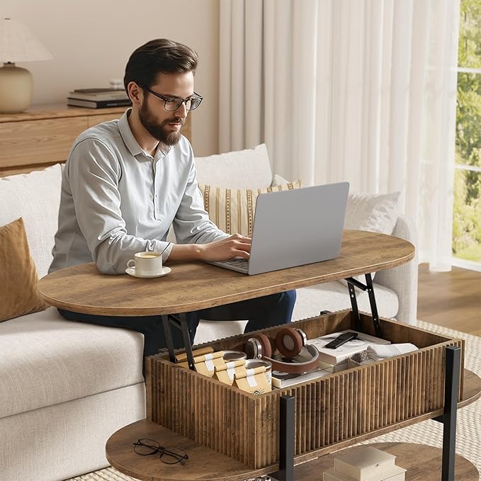 FABATO 41.7" Oval Lift Top Coffee Table, Fluted Wood Center Table with Hidden Storage, 3 Tier Small Tables with Curved Edge, Modern Narrow Coffee Table for Living Room Reception Room, Vintage Oak
