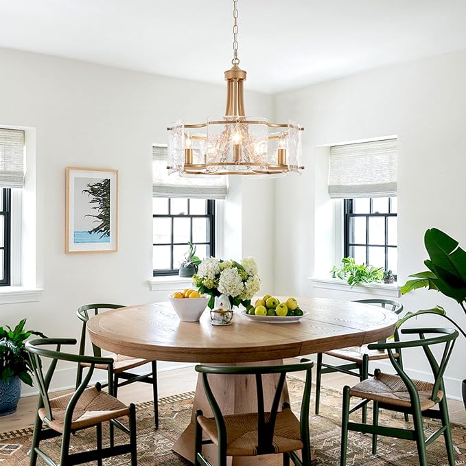 5-Light Gold Glass Chandelier for Dining Room, Modern Textured Glass Light Fixture Gold Chandeliers, Drum Round Chandelier for Kitchen Island Living Room Foyer Bedroom, E12