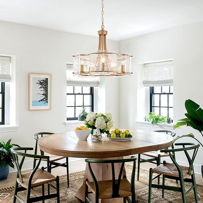 5-Light Gold Glass Chandelier for Dining Room, Modern Textured Glass Light Fixture Gold Chandeliers, Drum Round Chandelier for Kitchen Island Living Room Foyer Bedroom, E12