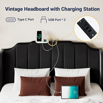 Allewie Vintage Queen Size Velvet Platform Bed Frame with Curved Vertical Tufted Wingback Headboard and Footboard, Charging Station, Easy Assembly, Under Bed Storage, No Box Spring Required, Black