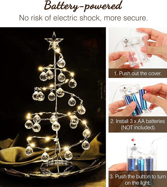 Lewondr Christmas Tree Lamp, 13 Inch Battery/USB Powered Crystal Spiral Christmas Tree Lava Lamp with Star Topper, Xmas Tree Light with Metal Stand Acrylic Balls for Home Bedroom Xmas, Silver