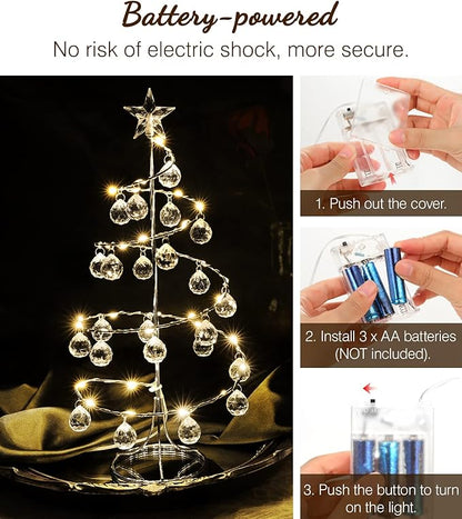 Lewondr Christmas Tree Lamp, 13 Inch Battery/USB Powered Crystal Spiral Christmas Tree Lava Lamp with Star Topper, Xmas Tree Light with Metal Stand Acrylic Balls for Home Bedroom Xmas, Silver