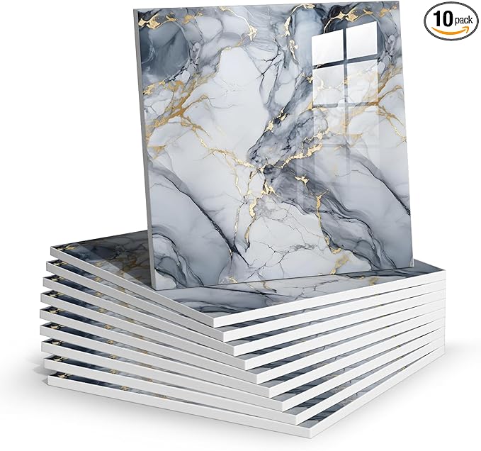 Thick 10pcs Marble Peel and Stick Backsplash Surface Waterproof Wall Panels,Self-Adhesive Marble PVC Foam Wall Panels for Kitchen, Bathroom - 11.8"x11.8" Kitchen Tile(Not Real Tiles,Blue)